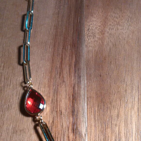 Simulated Ruby Ion Plate Yellow Gold Stainless Steel Paperclip Necklace - Picture 7 of 13